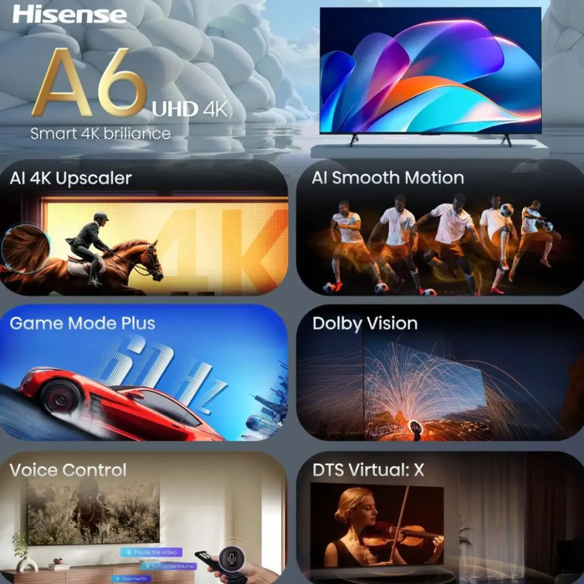 Televisor 43" HISENSE 4K UHD con Smart TV IA 60 Hz 43A6S