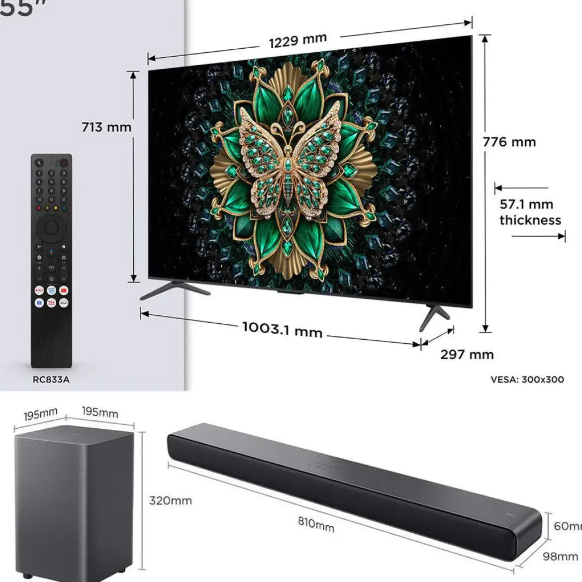 Televisor 55" TCL 55C6K con Barra de Sonido S55H Dolby Atmos 2.1
