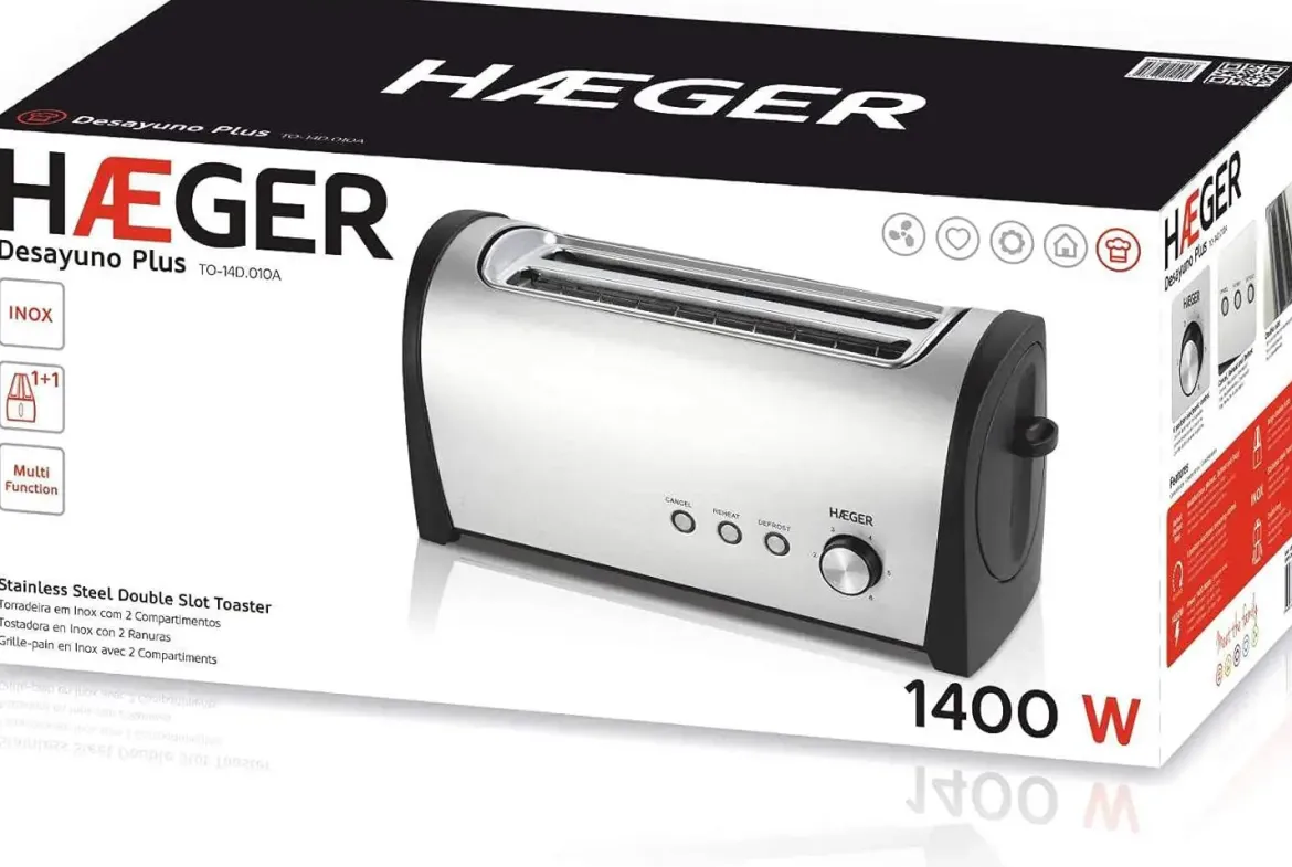 Tostador HAEGER 2 Ranuras Largas Inox Desayuno Plus Multifunción TO14D010A