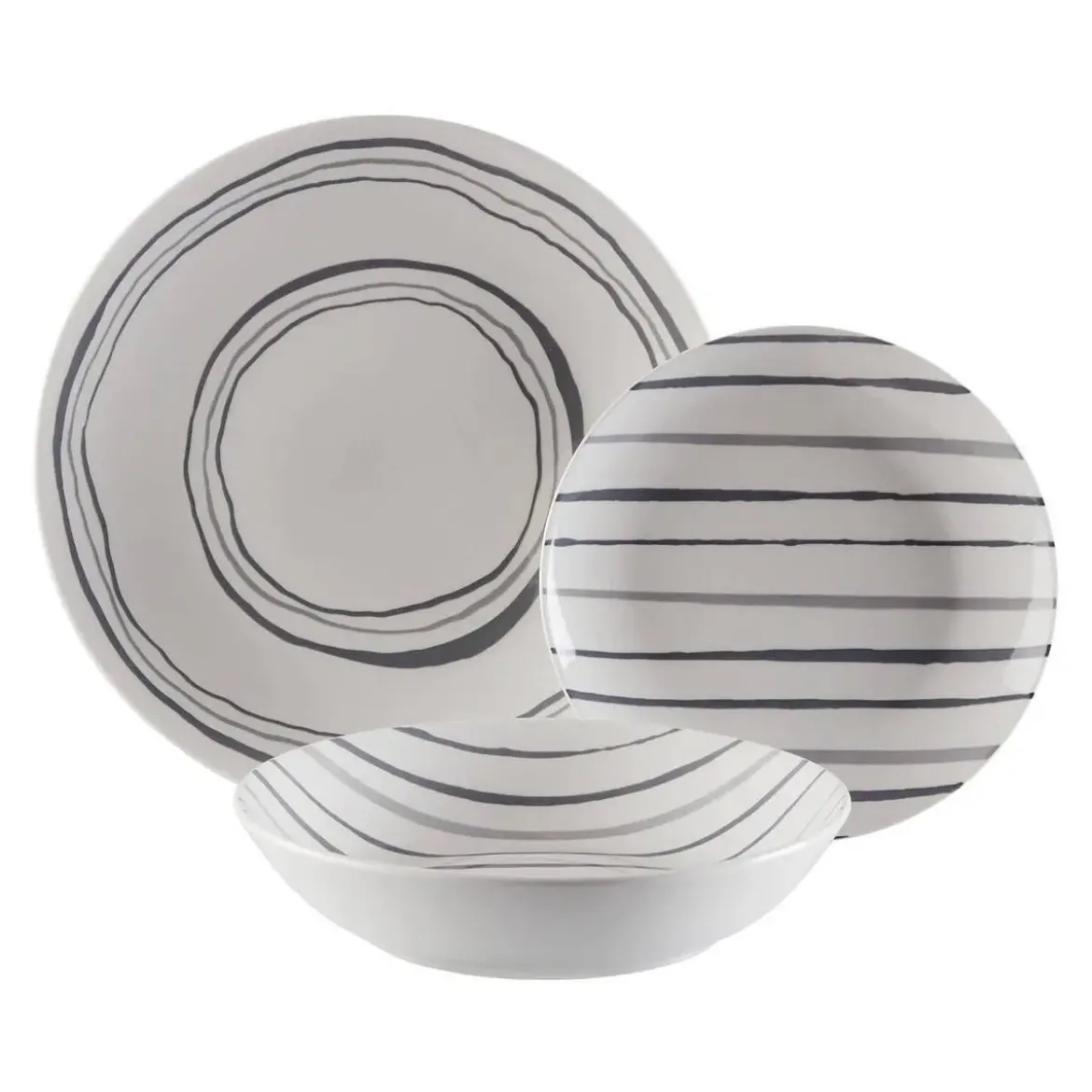 Vajilla 18 Piezas Bona Gris Porcelana con Líneas y Círculos 22590013